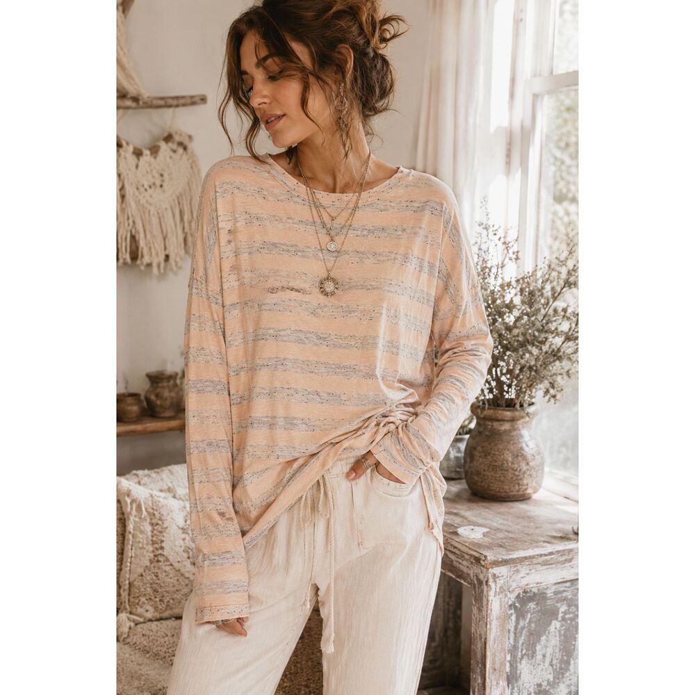 We The Free Free People Striped Long Sleeve Top Peach Gray XS Slouchy Cotton